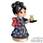 The clipart image depicts a cartoon of a girl wearing a traditional Japanese kimono with floral designs. She has her hair styled in a traditional Japanese updo and holds a small teapot or sake pot and a cup on a serving tray.
