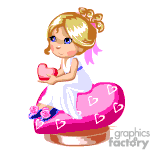 The clipart image depicts a cartoon of a young blonde girl sitting on a pink heart-shaped cushion. She is wearing a white dress with a pink sash and holding a smaller pink heart in her hands. There are additional small hearts around the cushion, and she appears to be in a happy or loving mood.