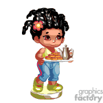 This image features a clipart-style depiction of a cartoon child with curly black hair adorned with a red flower, wearing a blue sleeveless top and red pants. The child is holding a tray with what appears to be a sandwich, a teapot, and a cup. They are wearing green and yellow sneakers and seem to be standing on a small round platform or mat.