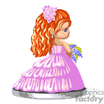 The image is an animated clipart of a little girl in a pink dress, with curly red hair adorned with a flower. She is holding what appears to be a bouquet of blue flowers and is looking down.