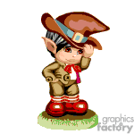 The clipart image features an animated character that appears to be a stylized elf or gnome. The character has pointy ears, a large brown hat, a tan outfit, a red scarf, and red boots. The figure is standing on a patch of grass.