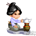 The image depicts an animated character dressed in traditional East Asian attire, possibly meant to represent a Japanese kimono, with hair styled in a manner that includes sticks, which is common in East Asian hairstyles. The character is kneeling on a flat stone, pouring tea from a teapot into a cup that rests on a small portable stove with flames underneath, suggesting a traditional tea ceremony. 