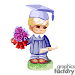 The clipart image shows a cartoon of a young graduate. The character is wearing a graduation cap and gown, holding a bouquet of flowers and a diploma while standing on a patch of grass.
