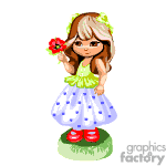 The clipart image features a cartoon character of a girl. She has blonde hair with green foliage accessories and is holding a red flower. She is wearing a green top, a white skirt with blue polka dots, and red shoes. Her stance suggests she is standing on a patch of grass.