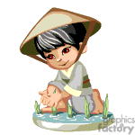 The image depicts a cartoon of a young person engaged in rice planting. The individual is wearing a traditional Asian conical hat, known as a coolie hat which is often associated with East and Southeast Asian cultures. They are crouched over, planting rice seedlings in a paddy field with visible water and a few shoots of rice or grass.