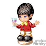 This is an animated clipart image showing a cartoon character that resembles a young boy dressed in a fancy outfit with a red top, brown pants, and large black shoes. The character has stylized black hair and is holding a cocktail glass with a drink. The character appears to be in a cheerful or celebratory mood.