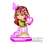 The clipart image features an animated character resembling a young girl with red hair adorned with a pink butterfly accessory. She is wearing a green and white dress and holding a pink heart. There is also a pink butterfly sitting on her hand. The character is standing on a pink base.