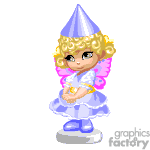 The clipart image features a animated character styled as a fantasy fairy princess. Key features include a cartoon-styled little girl with curly blonde hair, angel wings, a princess hat, a purple and white dress, and blue shoes.