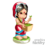 The clipart image features an animated character, a girl dressed in traditional Indian attire, possibly representing a young devotee or someone performing a cultural ritual. She is wearing a red and blue saree with a red head covering and has a red dot, which could be a bindi, on her forehead. The girl is holding a bowl containing green leaves, which she seems to be offering with one hand, while standing on a green and white circular base.