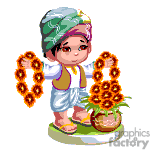 The clipart image depicts an animated character that appears to be a young boy dressed in cultural attire, including a turban and traditional clothing. He is holding two strings of flowers in each hand and standing next to a pot of blooming sunflowers.