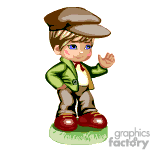 The image is a clipart of a stylized cartoon boy wearing a cap. He has a friendly expression and is waving. He's dressed in a green jacket, red-brown pants, and red shoes, standing on what looks like a small patch of grass.