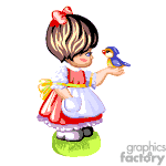 The image depicts a cartoon of a young girl with a bird perched on her hand. She appears to be dressed in a dress with a red bow in her hair and is holding out her hand gently for the bird. The style of the image is colorful and playful, suitable for a child-friendly theme.