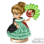The image is a clipart of a stylized animated little girl wearing a vintage green dress with red accents, holding an ornate fan. She has blonde hair tied in a ponytail.
