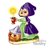 The clipart image features an animated character portrayed as a little girl dressed in a traditional Halloween costume that resembles a witch. She is wearing a green dress with a purple cloak and hat. In her hand, she is holding a candleholder with a lit candle, and beside her is a carved pumpkin, often called a jack-o'-lantern, wearing a matching purple witch hat.