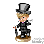 The clipart image features a stylized cartoon character that resembles a young gentleman. The character is wearing a black suit with a bow tie and has a top hat on his head. He's holding a cane in one hand and is standing on a small pedestal. The character is also wearing boots and is waving with one hand.