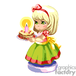 The clipart image features an animated character of a little girl with blond hair tied with a red bow. She is wearing a red and green dress with a white apron and is holding a birthday cake with a single lit candle on top. The girl is standing on a small round platform. There's a subtle animation effect with the candle flame flickering and the girl slightly moving.