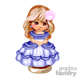 The clipart image features an animated character of a young girl with a blonde hair and a pink flower accessory, wearing a ruffled blue and white dress.