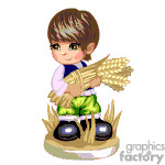 This clipart image depicts a stylized, animated figure resembling a young boy dressed as a pilgrim. He is holding a sheaf of wheat and standing on what appears to be a small patch of ground, suggesting a harvest or Thanksgiving theme.