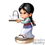 This clipart image shows a cartoon of a girl wearing traditional East Asian attire. She is holding a tray with a teapot on it and appears to be in the act of serving tea. The girl has black hair tied back with a red ornament and is wearing white socks with sandals. 