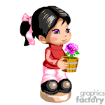 The clipart image depicts a cartoon of a young girl with black hair tied with a pink ribbon. She is wearing a red top and a pink dress or skirt. Additionally, the girl is holding a pot with a flower in. She has large black shoes.