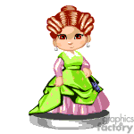 This clipart image features a small animated character resembling a doll, dressed in formal attire which might be representative of historical fashion. The doll has an elaborate hairstyle and is wearing earrings. She is dressed in a fancy green and pink gown possibly inspired by traditional European clothing, specifically from the Rococo or Baroque era, based on the dress style and hairdo.
