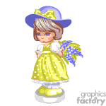 The clipart image contains an animated little girl wearing a yellow dress with white polka dots and a large purple hat adorned with a yellow ribbon. She is holding a bouquet of blue flowers and is wearing matching yellow shoes. Her hair is short and brown, partially covered by the hat. The animation style is reminiscent of vintage or retro animated characters. The background is transparent.