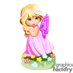 The clipart image shows a cartoon of a young fairy girl with blonde hair adorned with a headband. She wears a pink dress and has delicate blue butterfly wings. The fairy is standing on a patch of grass dotted with colorful flowers.