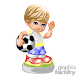 The image is a clipart representation of a young blonde boy holding a soccer ball. The boy is wearing a white sleeveless top with blue and yellow trim, white shorts, and red sneakers with white socks. He is standing on a small red platform with what appears to be a white trim. His pose suggests he is ready to play or is showcasing the ball, exhibiting a playful and confident attitude.