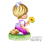 The clipart image shows a cartoon of a young girl with blonde hair tied with a blue bow, wearing a purple and white dress, and holding a yellow flower. She is sitting down on what looks like a stone or a small boulder placed on green grass