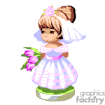 The clipart image depicts a cartoon of a young girl dressed as a bride. She has a ponytail adorned with a pink flower, and is wearing a white veil and a pink and white wedding dress. She holds a bouquet of pink flowers in her hand.