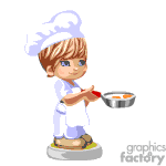 The clipart image shows an animated chef flipping food in a frying pan. The chef is wearing a traditional white chef's uniform and a chef's hat, and appears to be concentrating on the action of flipping the food.