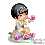 The clipart image features an animated character, a child, sitting on a lily pad surrounded by water and holding a pink lotus flower. The child appears to be wearing a traditional Asian-style outfit with a white top and has black hair with a front fringe.