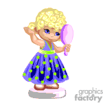 The image shows a pixel art style animated character which appears to be a small girl with curly blonde hair, holding a pink hand mirror. She is wearing a blue dress with green polka dots and pink shoes. The character is in a playful pose with one hand behind her head and is smiling.