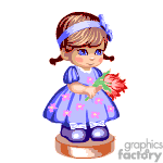 The clipart image features an animated character that resembles a little girl with brown hair tied in pigtails, adorned with a blue headband. She is wearing a blue dress with floral patterns and has matching blue shoes. She stands on what looks like a small brown platform or base and holds a bouquet of red flowers in her hands.