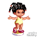 The clipart image depicts an animated toddler with dark curly hair adorned with colorful hair ties. The child is wearing a yellow sleeveless top and purple shorts, along with white and pink shoes. The toddler is standing with arms outstretched in a welcoming or balancing posture.