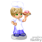 The image depicts an animated figure designed to look like a small chef holding a cake. The chef is wearing a traditional white chef's uniform and a chef's hat, with blue pants and brown shoes. The character is smiling and presenting a small cake with pink icing on top, which they are holding in one hand.
