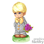 clipart - Animated boy holding a bunch of flowers.