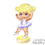The clipart image shows an animated, cute, little girl character with blonde curly hair, wearing a tutu skirt and ballet shoes, performing a dance or ballet pose. She's standing on a small round platform or pedestal that looks like a gold medal, suggesting she may be a winner or performing a victory dance.
