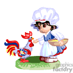 The clipart image features a cartoon-style depiction of a person dressed as a pilgrim, standing on grass, wearing traditional attire with a white apron and a white pilgrim hat. The pilgrim is holding what appears to be a basket of feed, is accompanied by a colorful rooster, which has a red comb, blue feathers, and a vibrant tail.