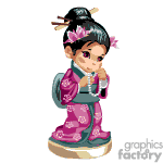 The clipart image features a stylized cartoon of a girl in traditional Asian attire, possibly meant to represent a Japanese kimono. She has her hair up in a bun adorned with chopsticks and flowers. The girl is depicted in a bowing or greeting pose.