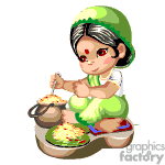 The clipart image features an animated character of a woman, dressed in traditional Indian attire, cooking. She is sitting on the floor with a stone grinder in front of her and appears to be grinding spices or preparing some food. There are pots, a grinding stone, and what looks like grains or spices illustrated.