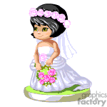 The clipart image shows an animated character of a young girl dressed in a white bridal gown, complete with a veil and a flower crown. She is holding a bouquet of pink flowers.