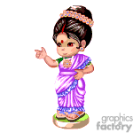 This is an animated image of a character dressed in traditional Indian attire. The character is wearing a purple saree with green and gold accents, and has matching jewelry including a maang tikka (head accessory), bangles, and a necklace. The character has dark hair styled in a bun and is gesturing with one hand, possibly dancing or indicating something.