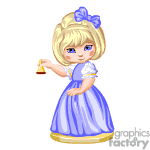 The clipart image features a young, animated girl with blonde hair tied with a blue bow. She is wearing a blue dress with a bow at the waist and a yellow trim at the bottom. She is holding a small bell, and shaking it