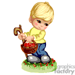 The clipart image shows a cartoon of a young blonde child, smiling and picking flowers. The child is dressed in a yellow top and blue pants, holding a basket that already contains some flowers. They appear to be standing on a small patch of grass dotted with flowers. The child is also holding a walking stick or cane.