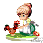 The image is an animated clipart depicting a young girl with blonde hair, wearing a yellow and green dress, crouching down to feed a red rooster. She appears to be on a patch of grass, and there are grains on the ground which she is offering to the bird. 