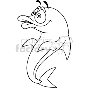 clipart - a goofy dolphin in black and white.
