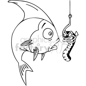 clipart - A fish see's a mean worm on a hook.