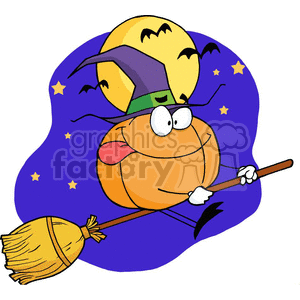 Cartoon Pumkin riding a broom in the night