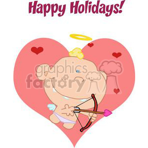 Cupid boy with bow and arrow happy holidays! above him